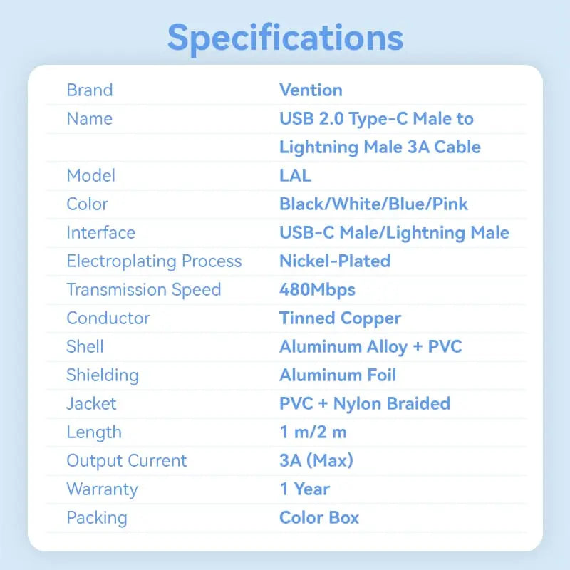 Vention USB 2.0 Type-C Male to Lightning Male 3A Cable Aluminum Alloy Type - Vention