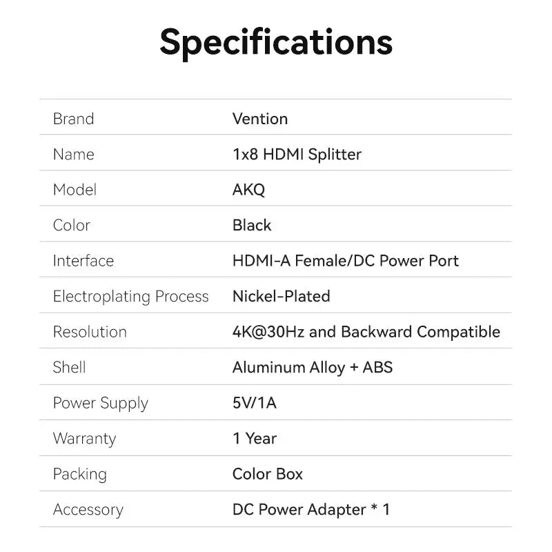 Vention 4K 1x8 HDMI™ Splitter Black Aluminum Alloy Type EU Standard - Vention