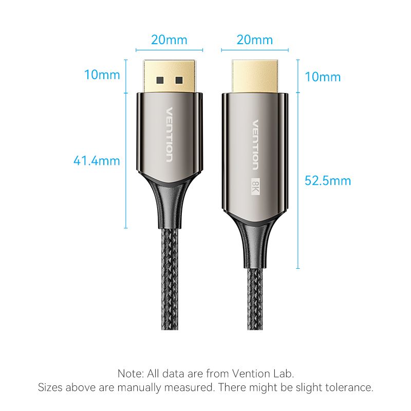 <tc>Vention</tc> 棉质编织 8K DisplayPort 公头转 HDMI 公头数据线 1.8M 黑色锌合金