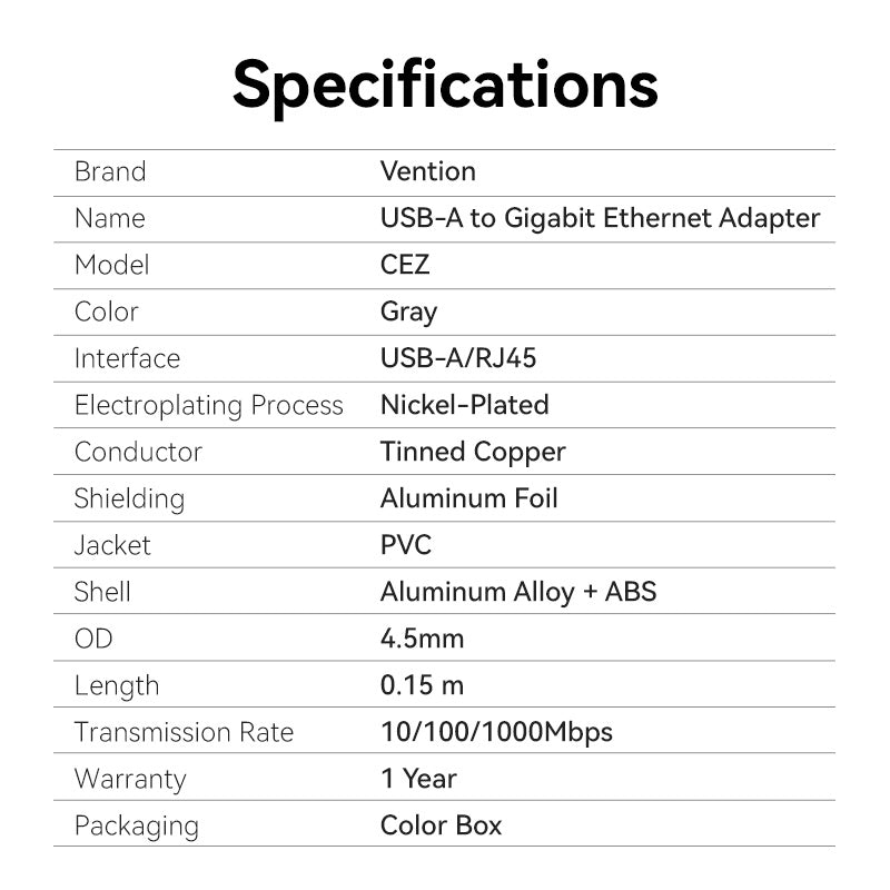 <tc>Vention</tc> Adaptateur USB-A vers Gigabit Ethernet