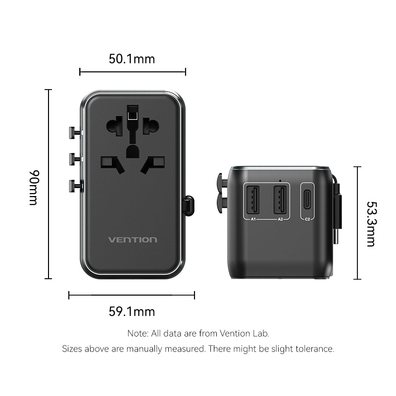 <tc>Vention</tc> 三端口 USB (C + A + A) GaN 通用旅行适配器 (65W/60W/5W),内置 USB-C 数据线,黑色