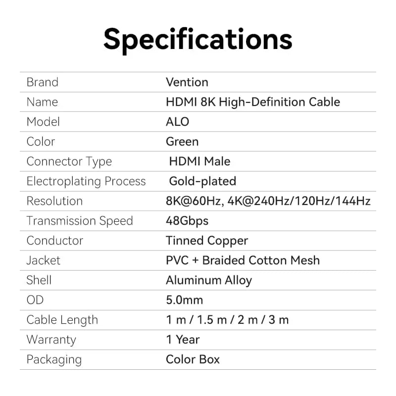 Vention Cotton Braided Ultra Thin HDMI™-A Male to Male HD Cable 8K Green Aluminum Alloy Type - Vention