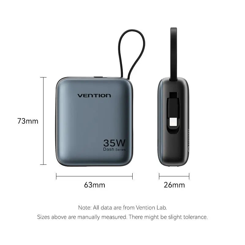 Vention 10000mAh Mini Power Bank (USB-C + USB-C/Lightning) with Built-in USB-C and Lightning Cables 35W Gray - Vention