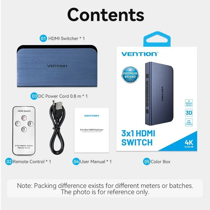 Vention 3 In 1 Out HDMI™ Switcher Blue Aluminum Alloy Type - Vention