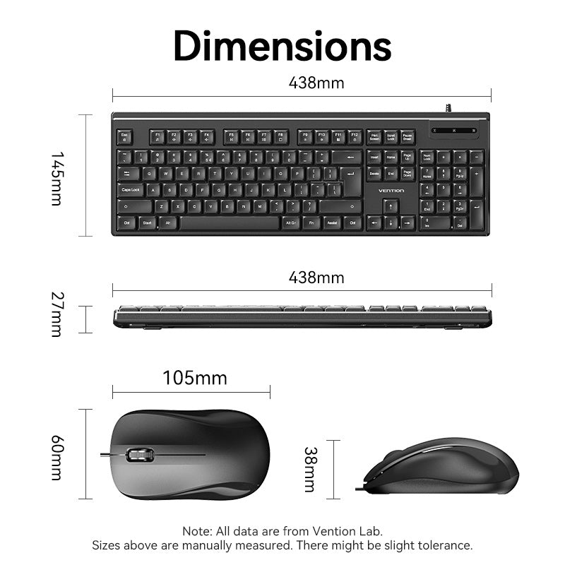 <tc>Vention</tc> Ensemble clavier et souris filaires USB silencieux pleine taille, noir, fin