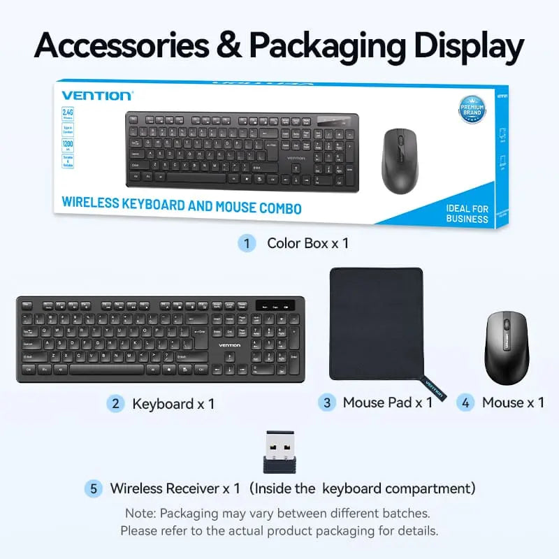 Vention Wireless Full-Sized Keyboard and Mouse Combo with Mouse Pad Black Slim Type - US English Layout - Vention