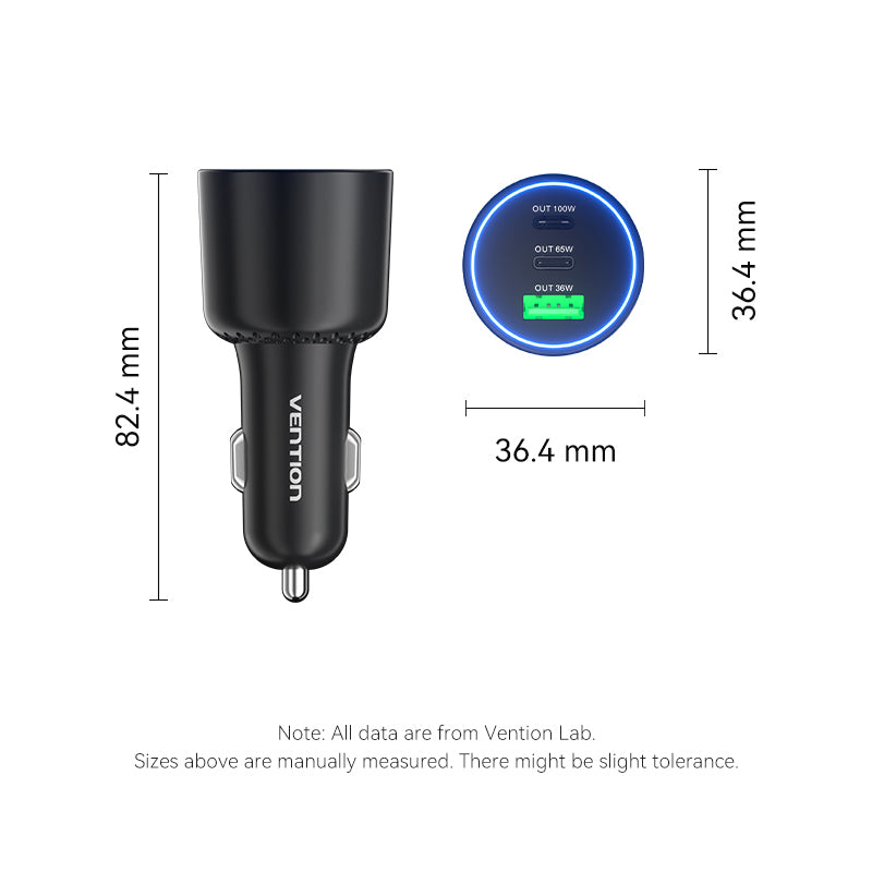 Vention Three-Port USB C+C+A (100W+65W+30W) Car Charger Black ABS Type