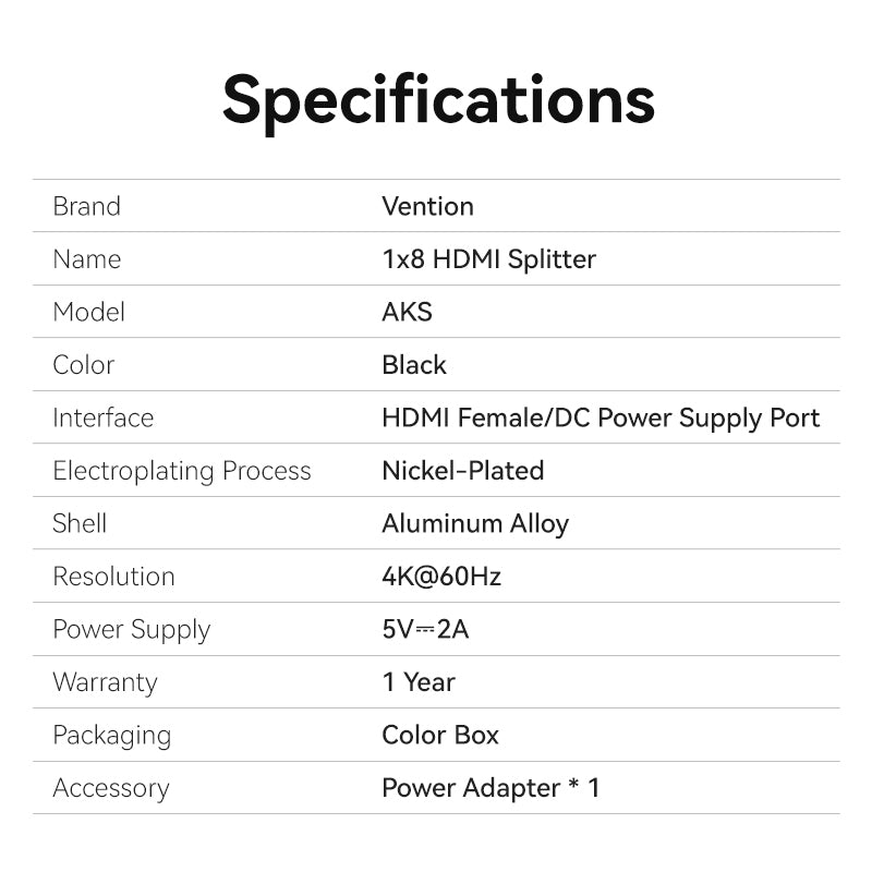 Vention 1-In & 8 Çıkışlı HDMI™ Dağıtıcı 4K@60Hz Black Alüminyum Alaşım Tipi AB Standardı
