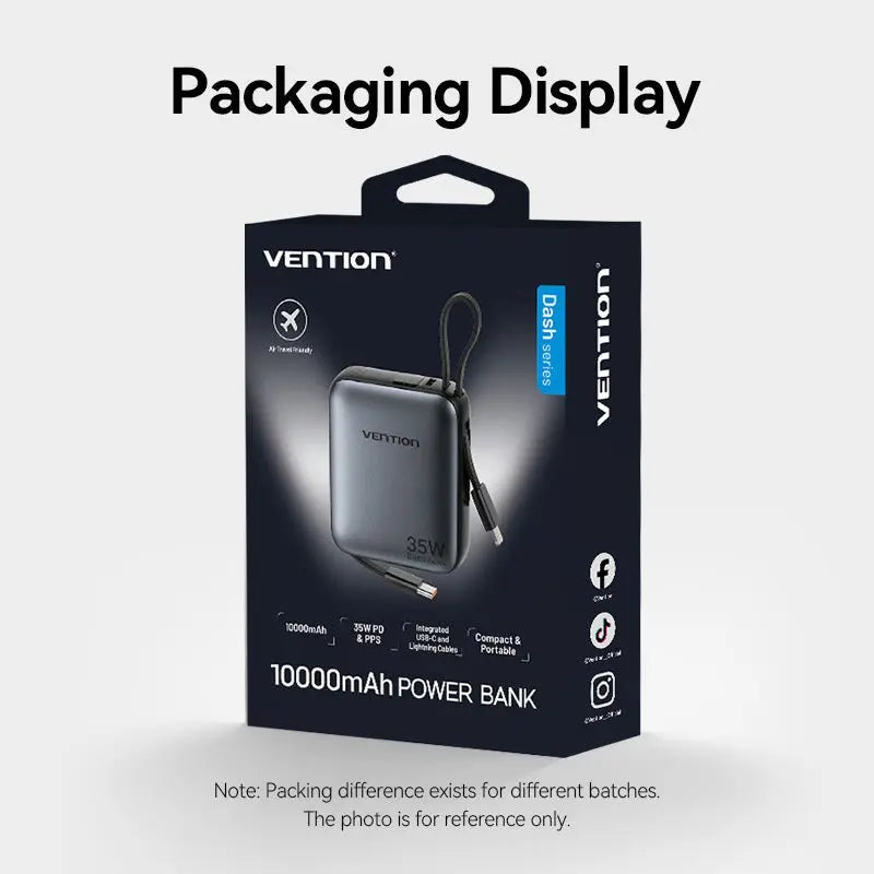 Vention 10000mAh Mini Power Bank (USB-C + USB-C/Lightning) with Built-in USB-C and Lightning Cables 35W Gray - Vention