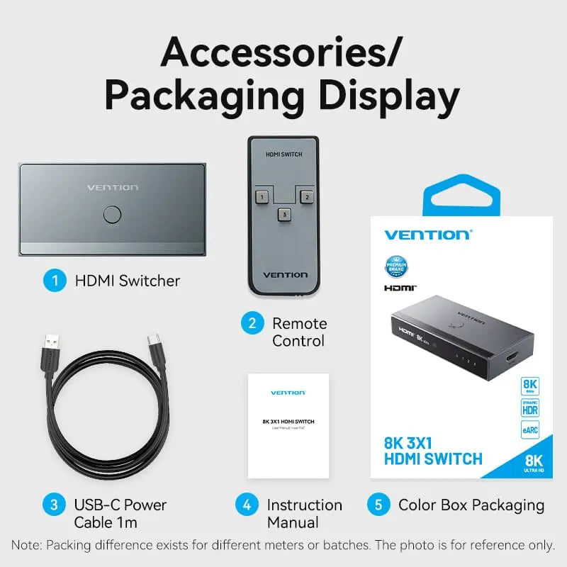 Vention 3 In 1 Out 8K HDMI™ Switcher Gray Aluminium Alloy Type - Vention
