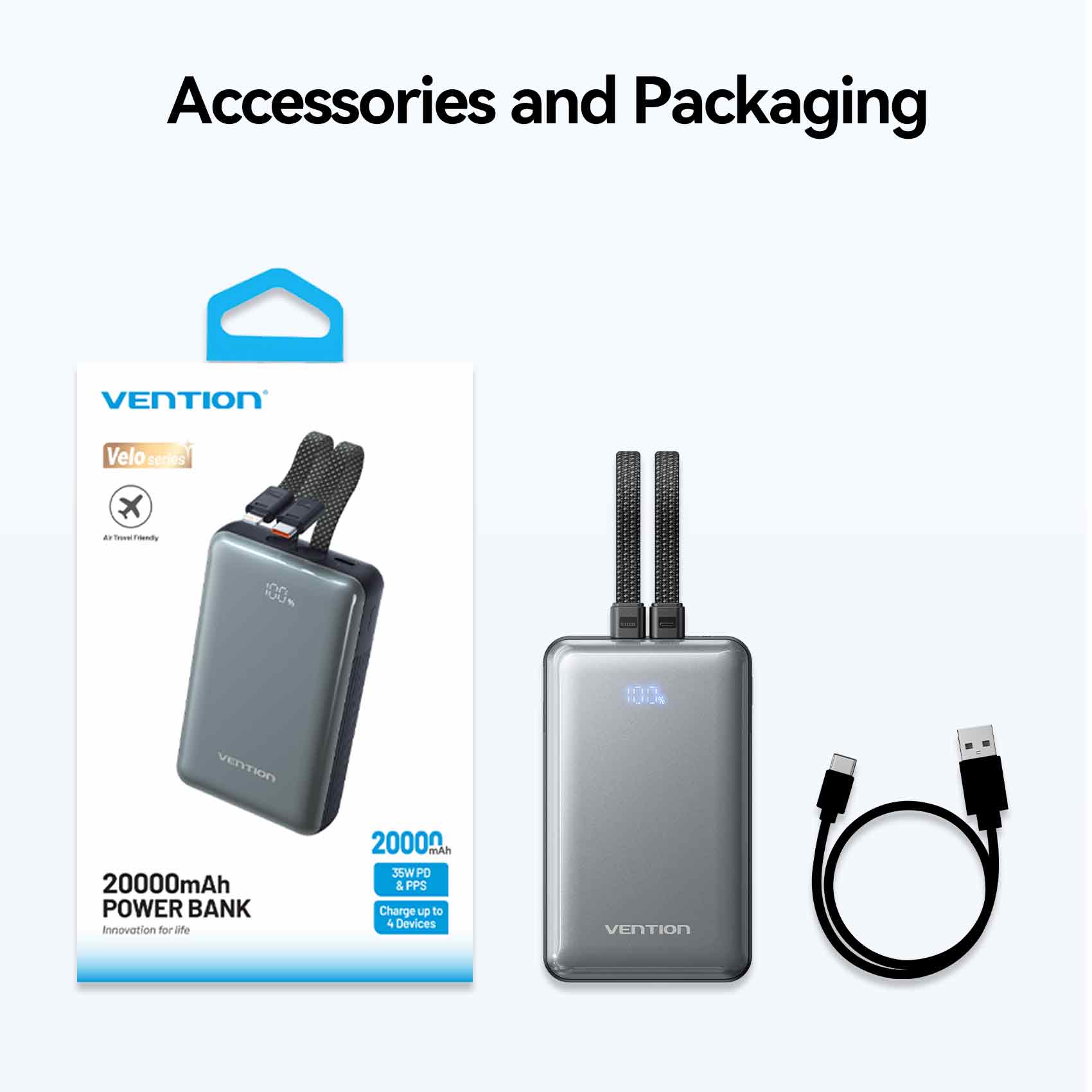 Vention 20000mAh Power Bank with Built-in USB-C and Lightning Cables 35W