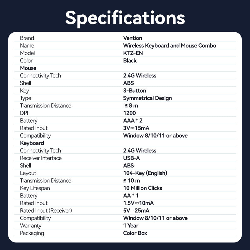 <tc>Vention</tc> 无线全尺寸静音键盘鼠标套装 黑色超薄型