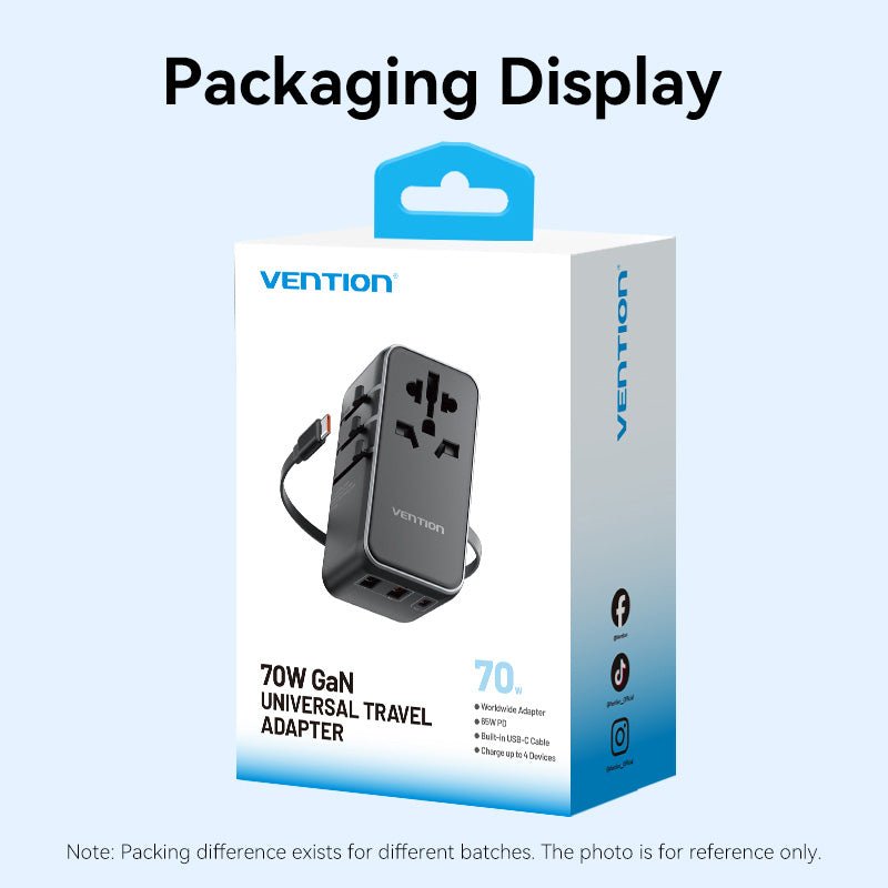 Vention 3-Port USB (C + A + A) GaN Universal Travel Adapter (65W/60W/5W) with Built-in USB-C Cable Black - Vention