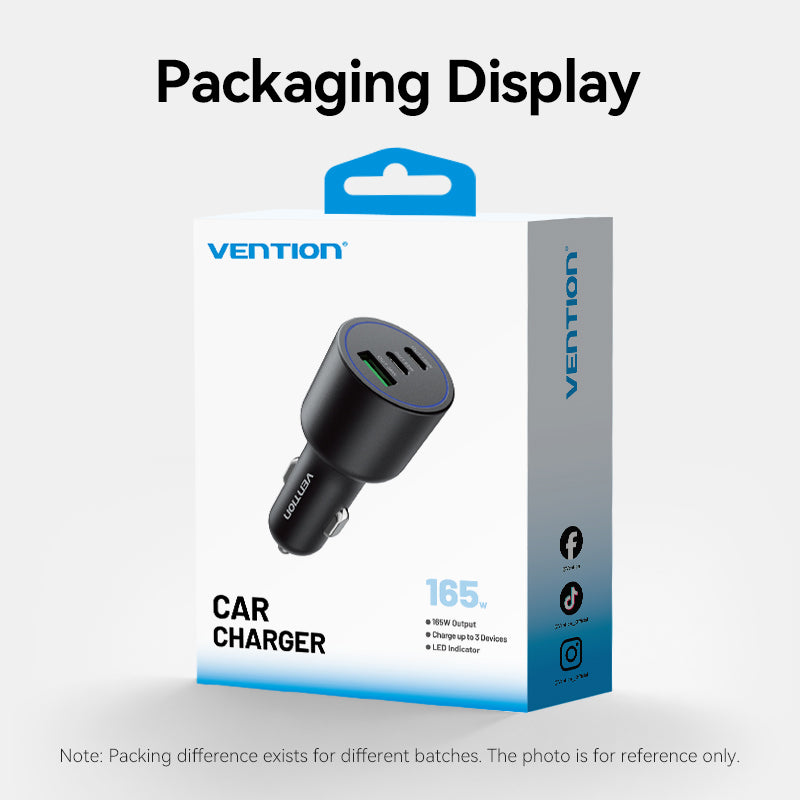 Vention Three-Port USB C+C+A (100W+65W+30W) Car Charger Black ABS Type