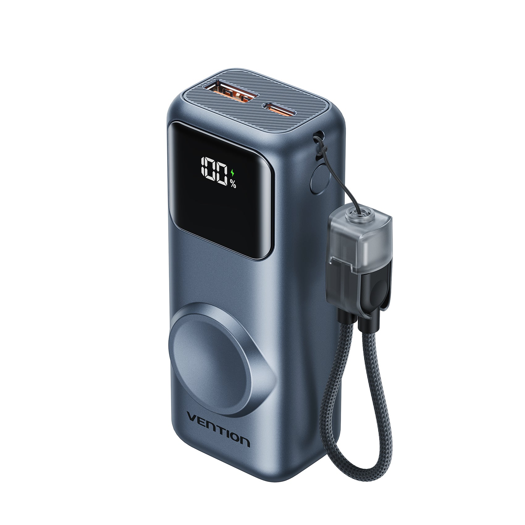 Vention Mini 10000mAh Power Bank (USB-C + USB-A) with Built-in USB-C Cable and Apple Watch Charging Area 22.5W Gray LED Display Type
