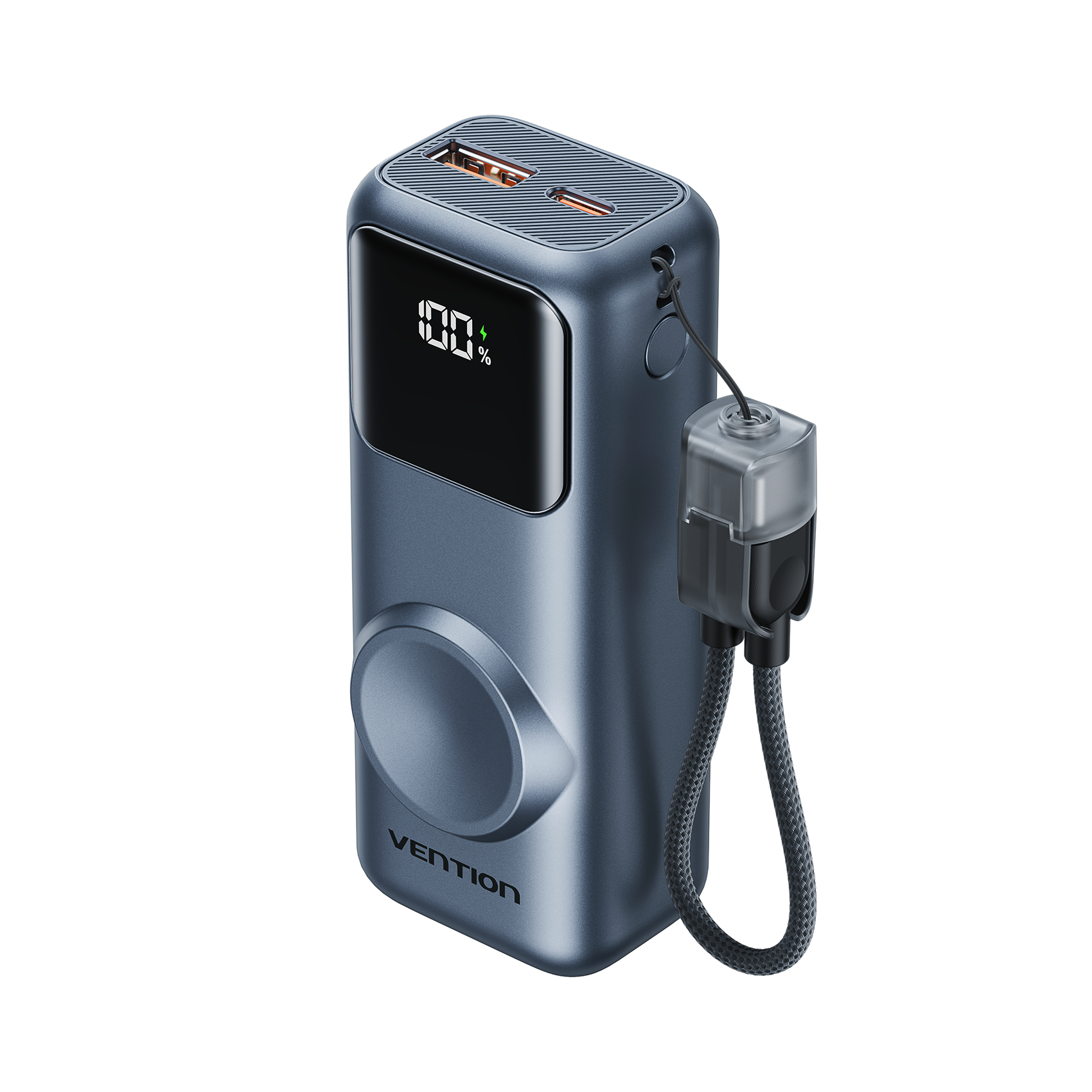 Vention Mini 10000mAh Power Bank (USB-C + USB-A) with Built-in USB-C Cable and Apple Watch Charging Area 22.5W Gray LED Display Type