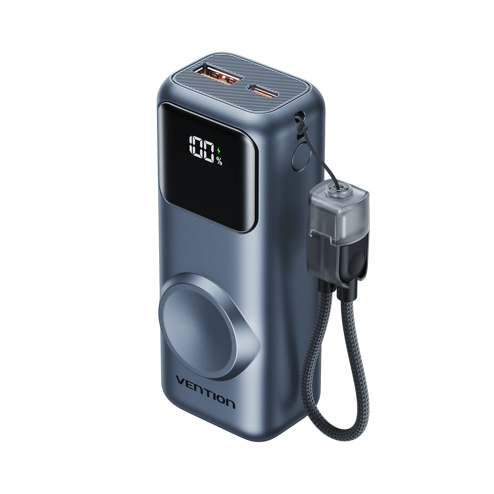 Vention Mini 10000mAh Power Bank (USB-C + USB-A) with Built-in USB-C Cable and Apple Watch Charging Area 22.5W Gray LED Display Type - Vention