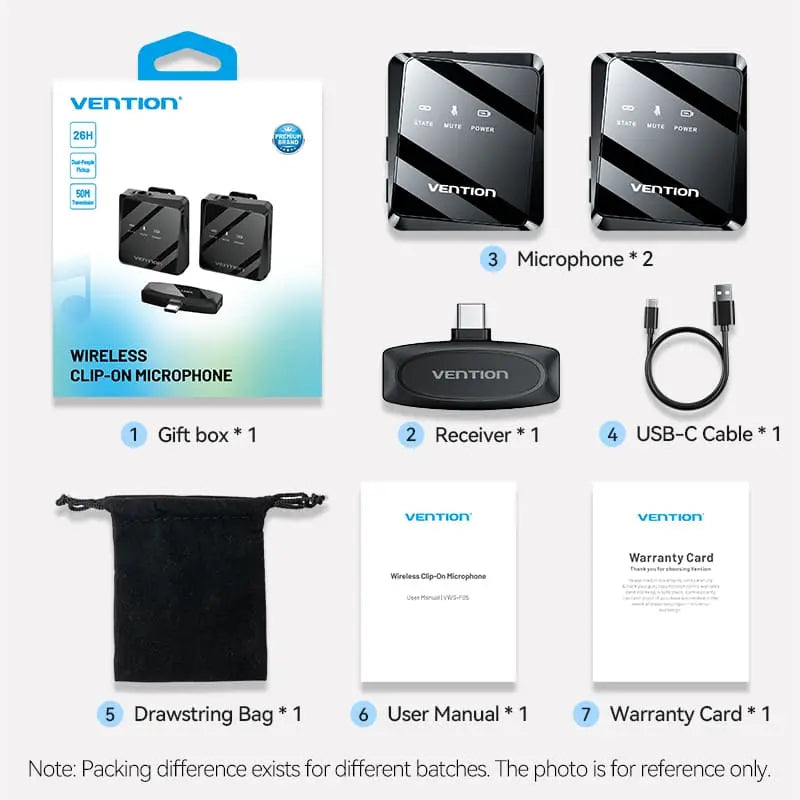 Vention USB-C 2-Pack Wireless Lavalier Microphone Black Type - Vention