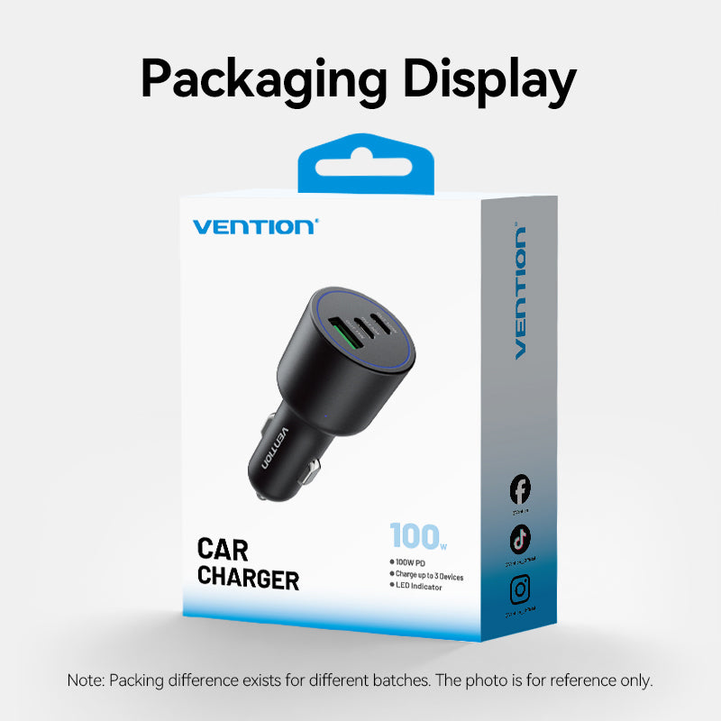 <tc>Vention</tc> Chargeur de voiture à trois ports USB C+C+A (100 W + 30 W + 18 W) en ABS noir