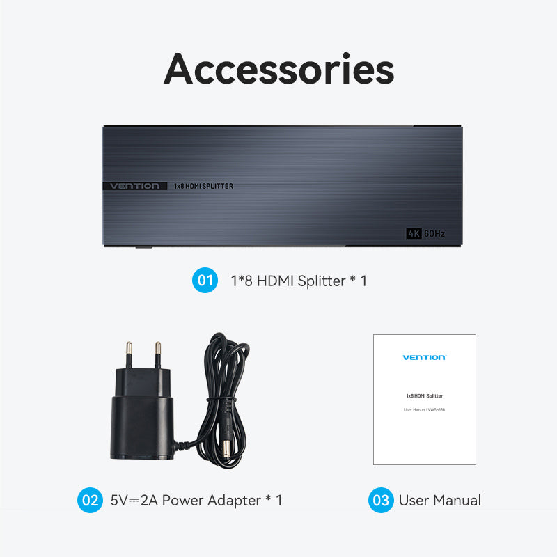 Vention 1-In & 8 Çıkışlı HDMI™ Dağıtıcı 4K@60Hz Black Alüminyum Alaşım Tipi AB Standardı