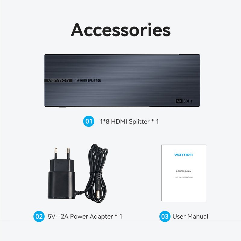 Vention 1-In & 8-Out HDMI™ Splitter 4K@60Hz Black Aluminum Alloy Type EU Standard - Vention