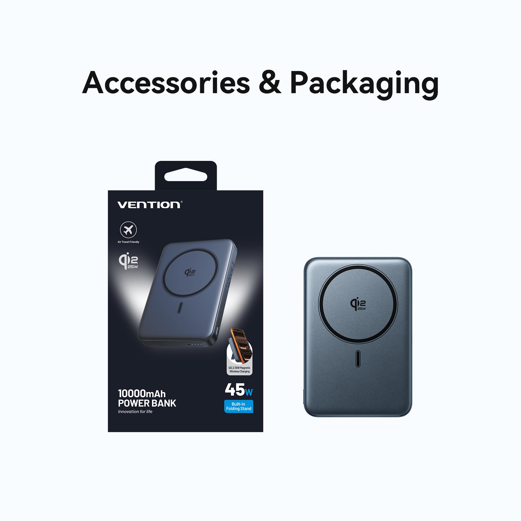 <tc>Vention</tc> Batería externa magnética inalámbrica Qi2.2 de 10000 mAh (USB-C + USB-C/Inalámbrica) de 45 W, color gris.