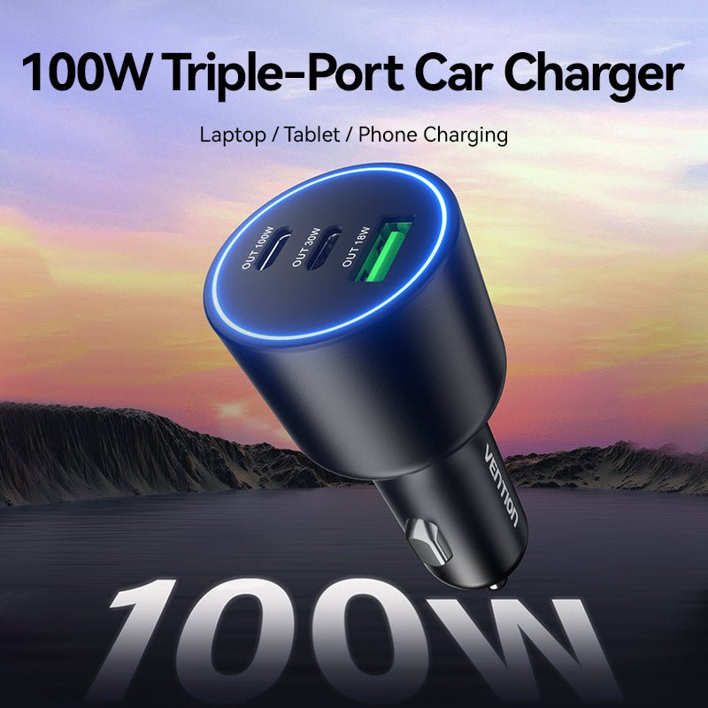 Vention Three-Port USB C+C+A (100W+30W+18W) Car Charger Black ABS Type - Vention