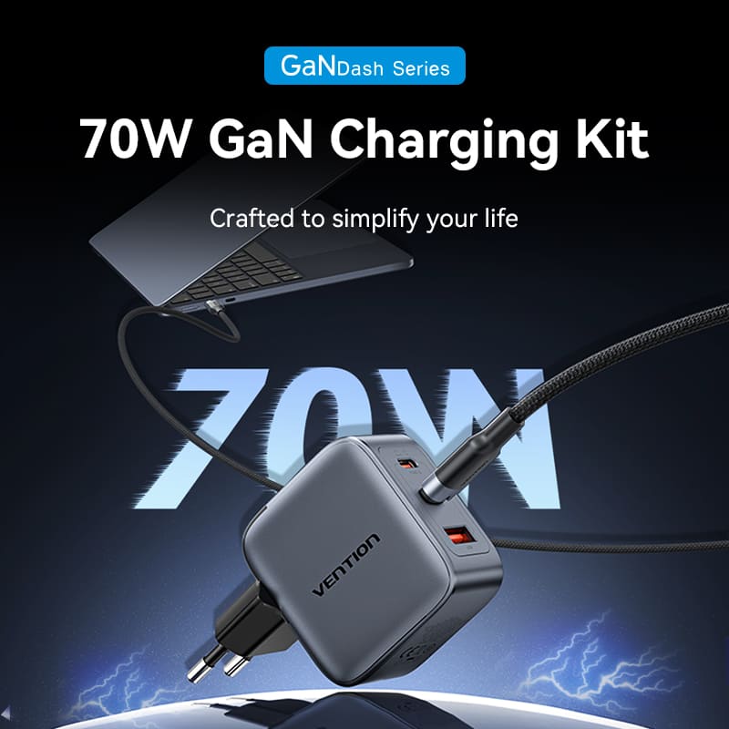 <tc>Vention</tc> Pengisi Daya GaN USB (C+C+A) 3 Port (70W/70W/22,5W) Abu-abu dengan Kabel USB-C ke USB-C (1M) Hitam Colokan EU