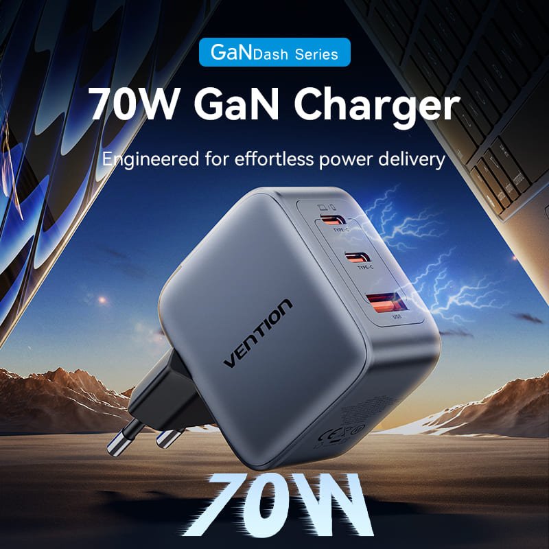 Vention 3-Port USB (C+C+A) GaN Charger (70W/70W/22.5W) EU-Plug - Vention