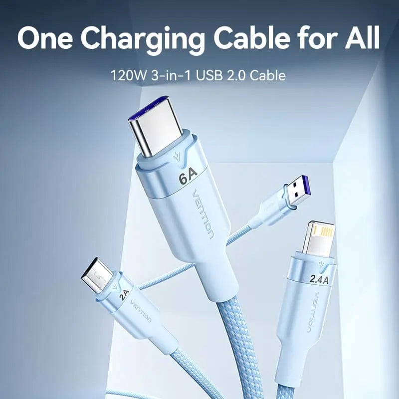 Vention USB 2.0 A Male to 3-in-1 USB-C & Lightning & Micro-B Male 6A Cable Aluminum Alloy Type - Vention