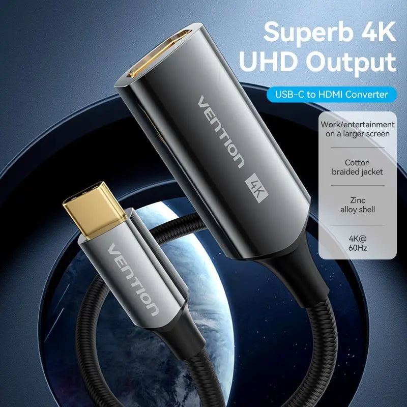 Vention Cotton Braided USB-C to HDMI™ 4K Converter 0.25M Black Zinc Alloy Type - Vention