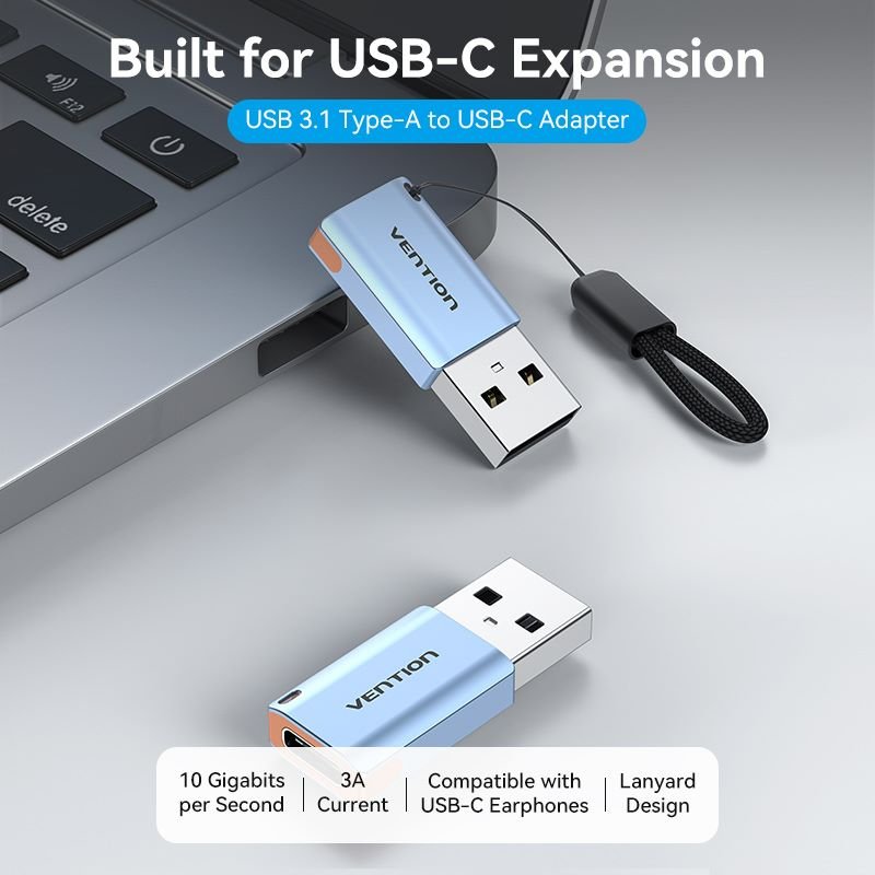 Vention USB 3.1 Type-A Male to USB-C Female Adapter with Lanyard Gray Aluminum Alloy Type - Vention