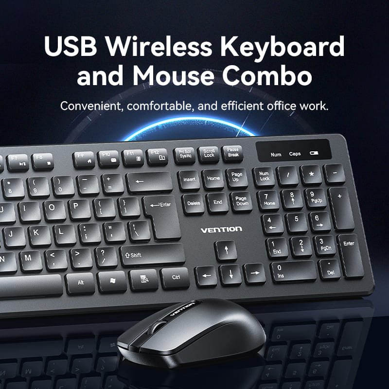 Vention Wireless Full-Sized Keyboard and Mouse Combo with Mouse Pad Black Slim Type - US English Layout - Vention