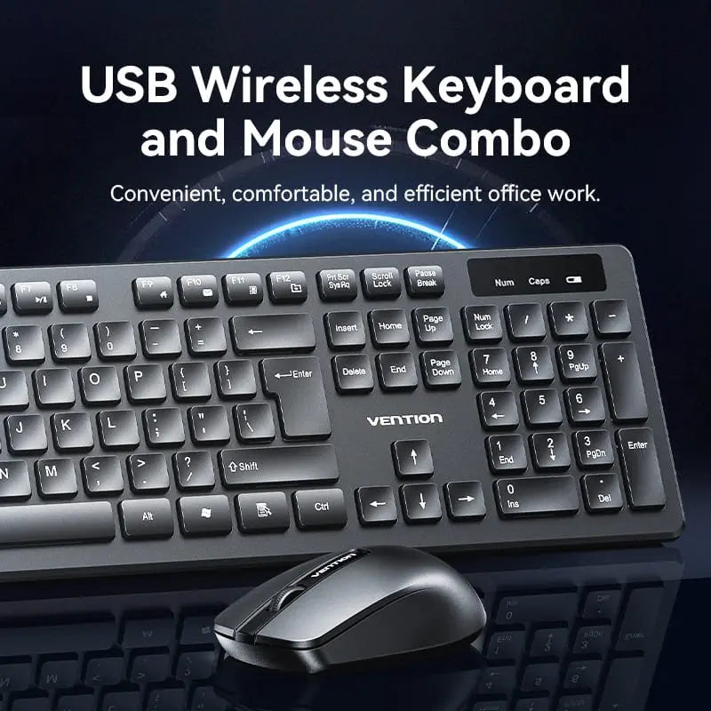 Vention Wireless Full-Sized Keyboard and Mouse Combo with Mouse Pad Black Slim Type - US English Layout - Vention