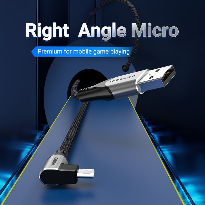 USB 2.0 A Male to Micro-B Male Right Angle 3A Cable 0.25/0.5/1/1.5/2/3M Gray Aluminum Alloy Type - Vention