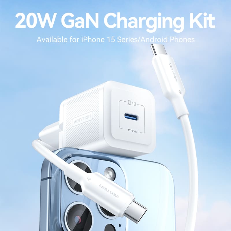 <tc>Vention</tc> Cargador GaN USB-C de 1 puerto y 20 W con cable USB-C a USB-C de 1 m y enchufe europeo.