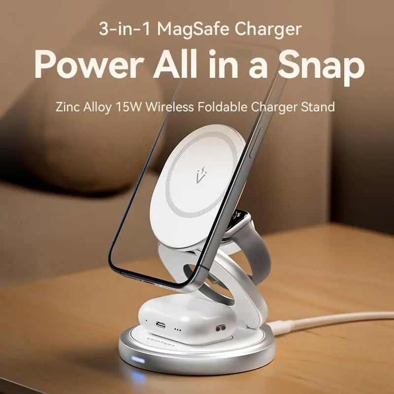 Vention 3-in-1 15W Wireless Charger Stand with MagSafe Silver - Vention