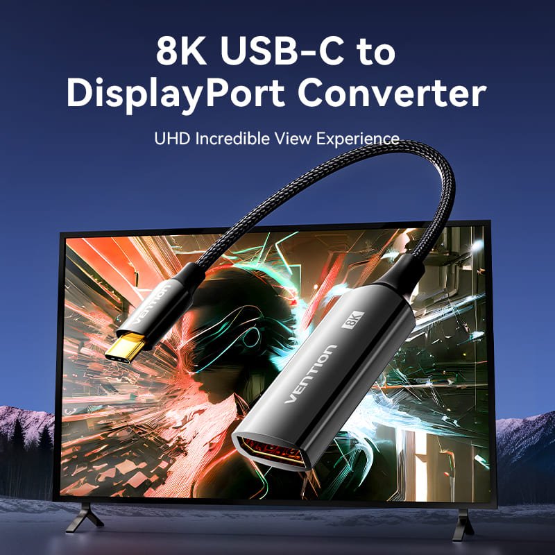 Vention Cotton Braided USB-C to DP 8K Converter 0.25M Black Zinc Alloy Type - Vention