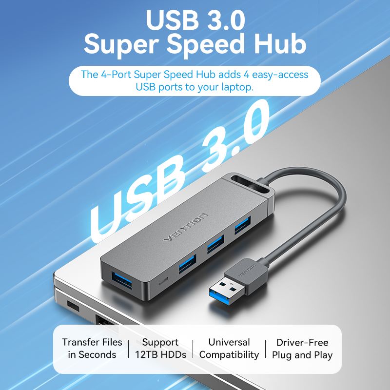4-Port USB 3.0 Hub With Power Supply 0.15/0.5/1M Black/Gray