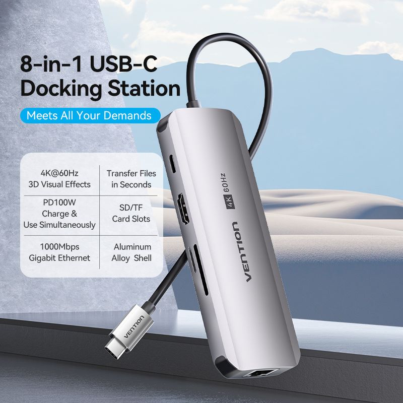 USB-C to HDMI/USB 3.0 x 3/RJ45/SD/TF/PD Docking Station 0.15M Gray Aluminum Alloy Type