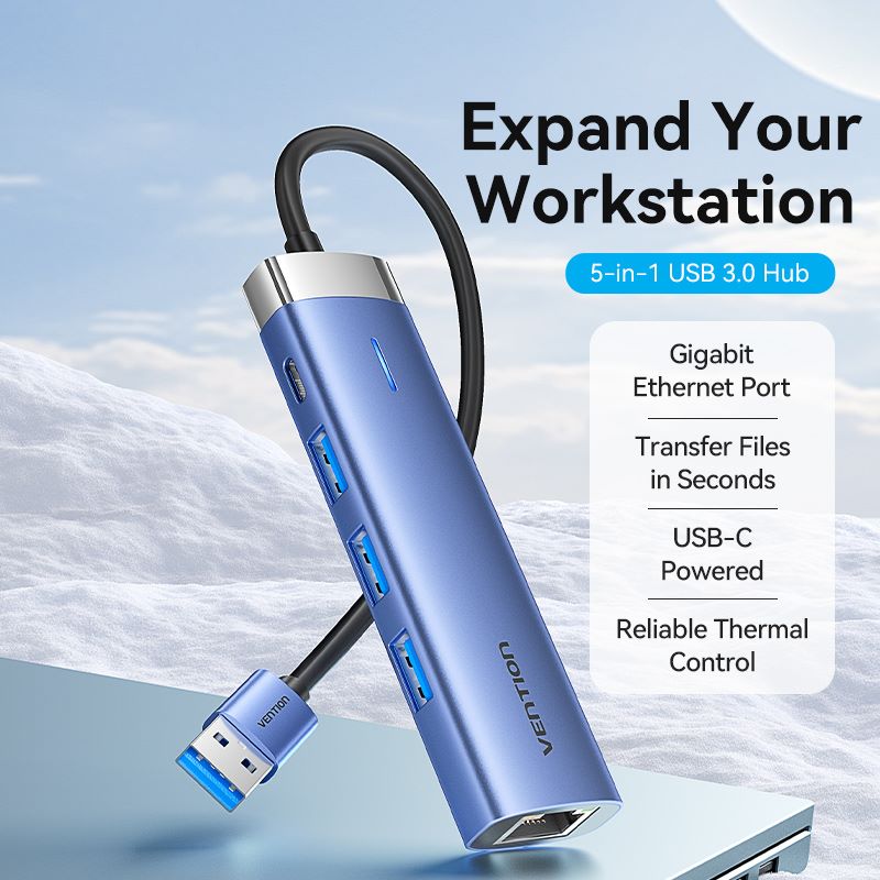 USB 3.0 to USB 3.0 x 3/RJ45/USB-C Hub 0.15M Blue Aluminum Alloy Type