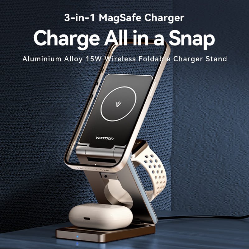 Vention 3‑in‑1 15W Wireless Charger Stand with MagSafe Gray - Vention