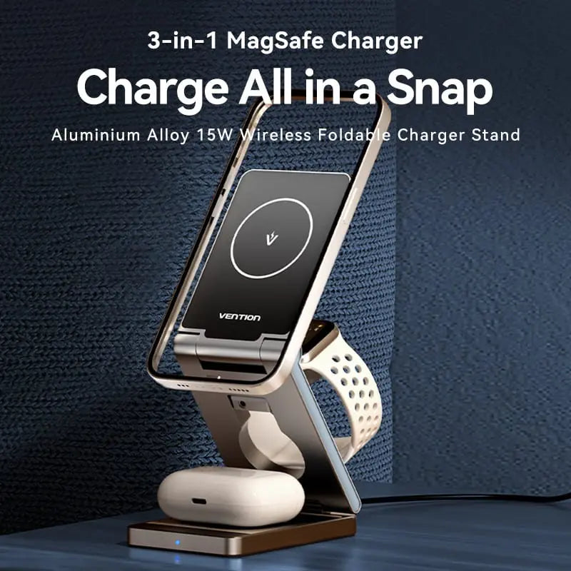 Vention 3‑in‑1 15W Wireless Charger Stand with MagSafe Gray - Vention
