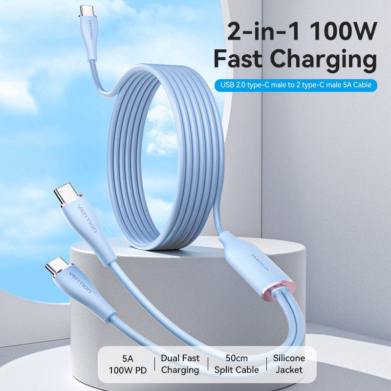 Câble USB 2.0 Type-C Mâle vers 2 Type-C Mâle 5A 1.5M Bleu Type Silicone