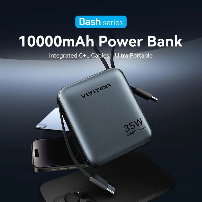 Vention 10000mAh Mini Power Bank (USB-C + USB-C/Lightning) with Built-in USB-C and Lightning Cables 35W Gray - Vention