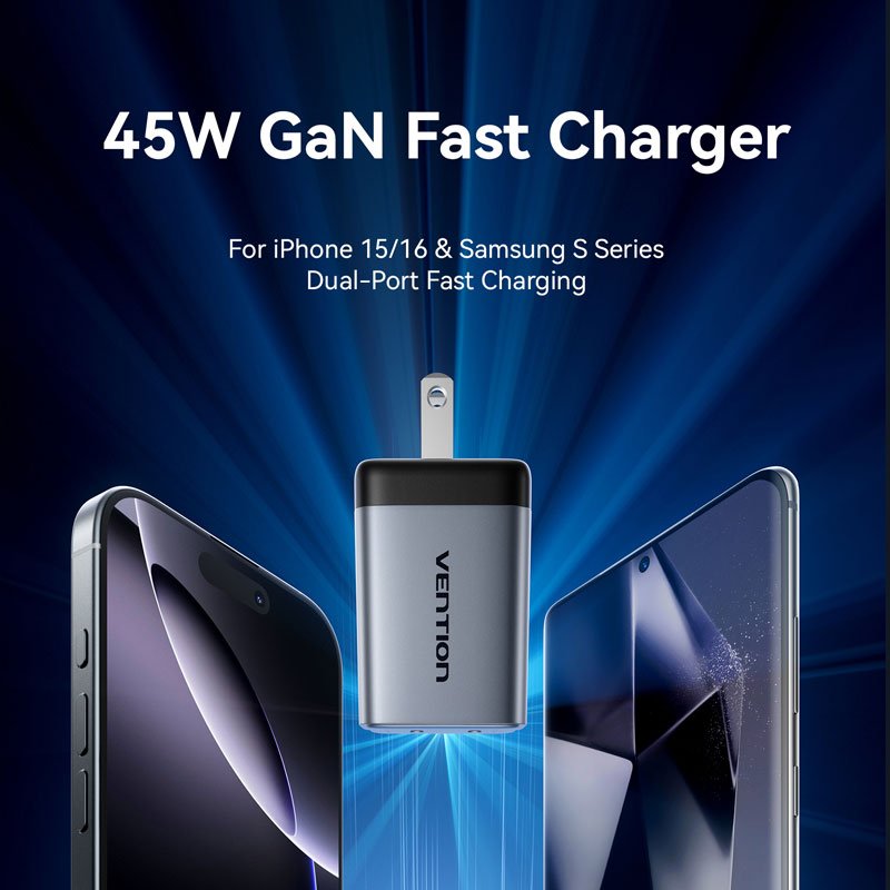 Vention 2-Port USB (C + C) GaN Charger (45W/45W) US-Plug Gray - Vention
