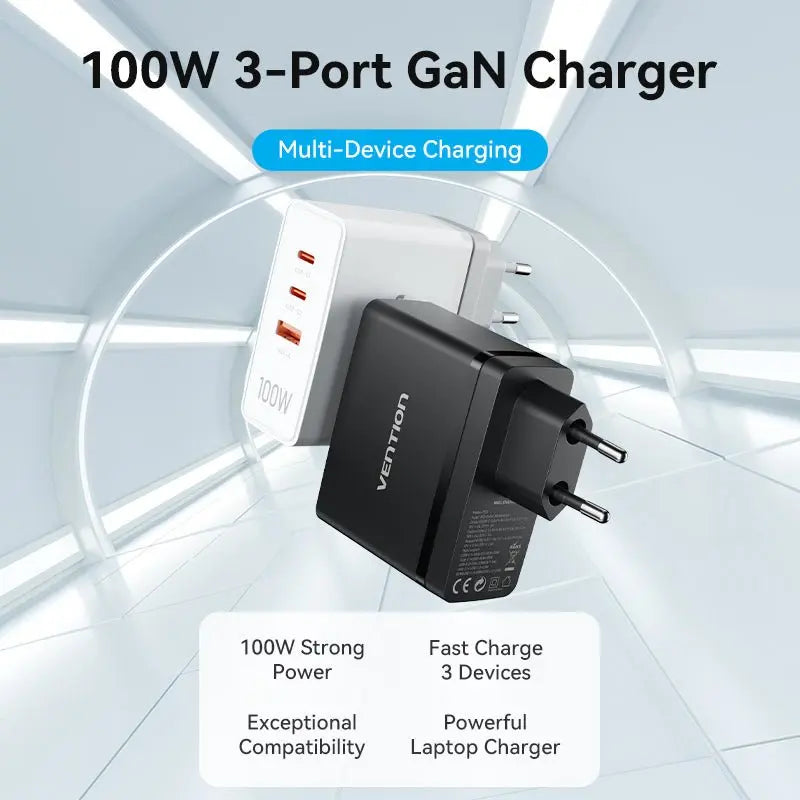 Vention 3-Port USB (C+C+A) GaN Charger (100W/100W/30W) EU-Plug - Vention