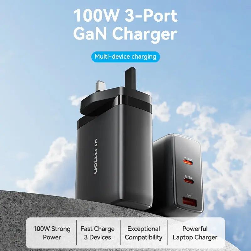 Vention 3-Port USB (C+C+A) GaN Charger (100W/65W/30W) UK-Plug - Vention