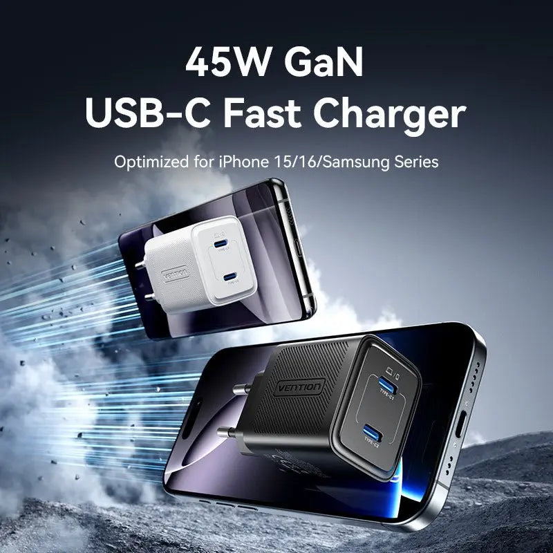 Vention 2-Port USB (C + C) GaN Charger (45W/45W) EU-Plug Black - Vention