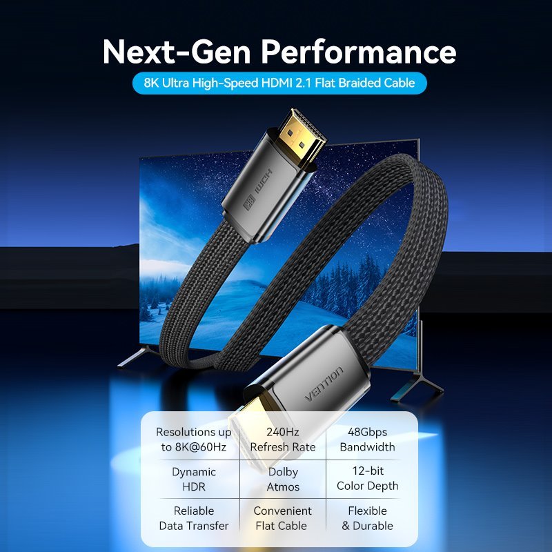 Vention Flat Nylon Braided HDMI™-A Male to Male 8K HD Cable 2M Black - Vention